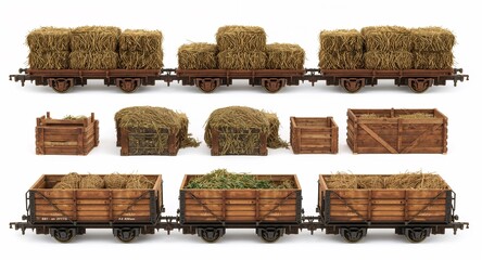 A rustic farming goods train with hay bales wooden crates and livestock cars on plain white background