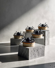 Dark chocolate Halloween tartlets topped with lifelike edible spiders, styled on stone pedestals with dramatic lighting for spooky food photography themes