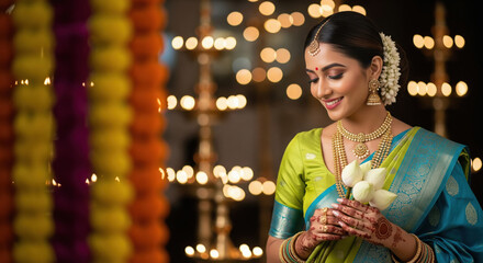 young indian woman wearing traditional sari holding jasmin flowers on diwali festival