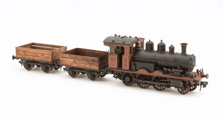 A rustic narrow gauge train with wooden wagons small iron wheels and compact steam engine on plain white background