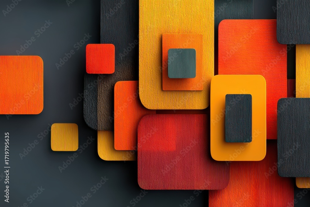 Poster abstract composition of overlapping colored rectangles with textured surfaces on dark background
