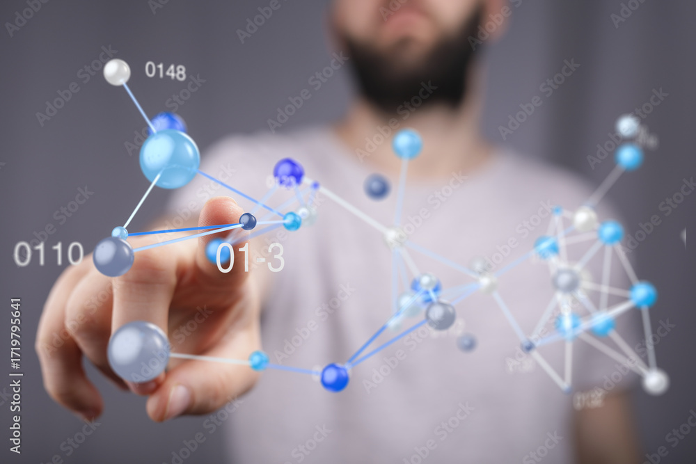 Poster abstract image of a man interacting with a digital network. perfect for technology, connection, and 