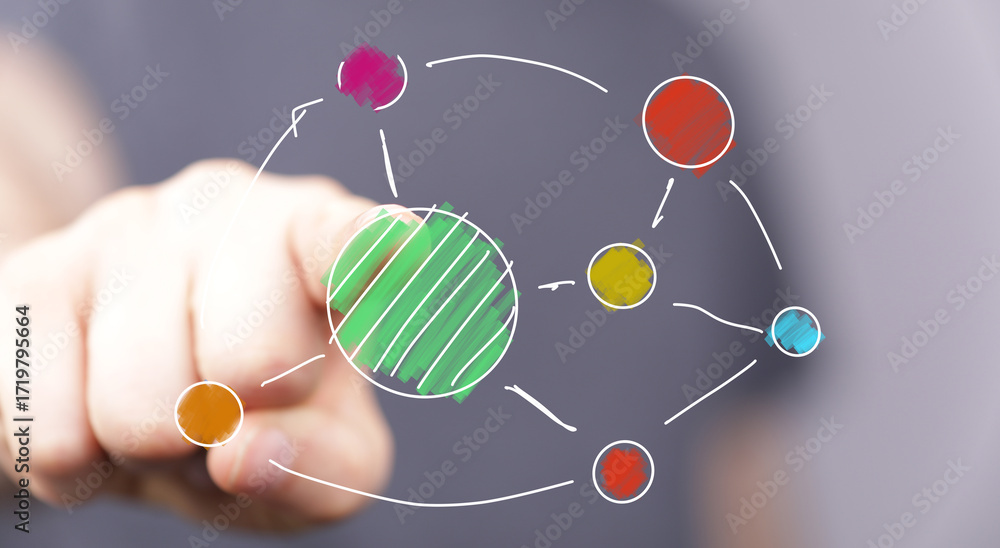 Poster abstract image of a hand interacting with a colorful network diagram, representing connection, strat