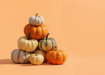 Various types of pumpkins in white, orange, and green tones arranged in a pile on a pastel peach background, perfect for fall or Thanksgiving-themed designs.