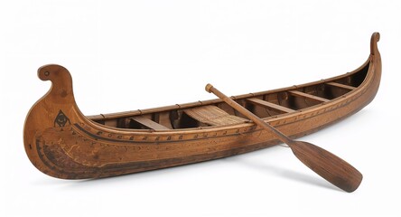 A rustic wooden canoe boat with carved paddle woven seat and simple tribal patterns on plain white background