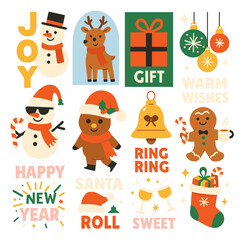 Fototapeta premium Cool Christmas Characters Sticker Set. Retro Santa Snowman and Reindeer with Jolly Holiday Slogans.