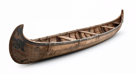 A rustic long wooden canoe boat with carved patterns rope bindings and pointed bow on plain white background