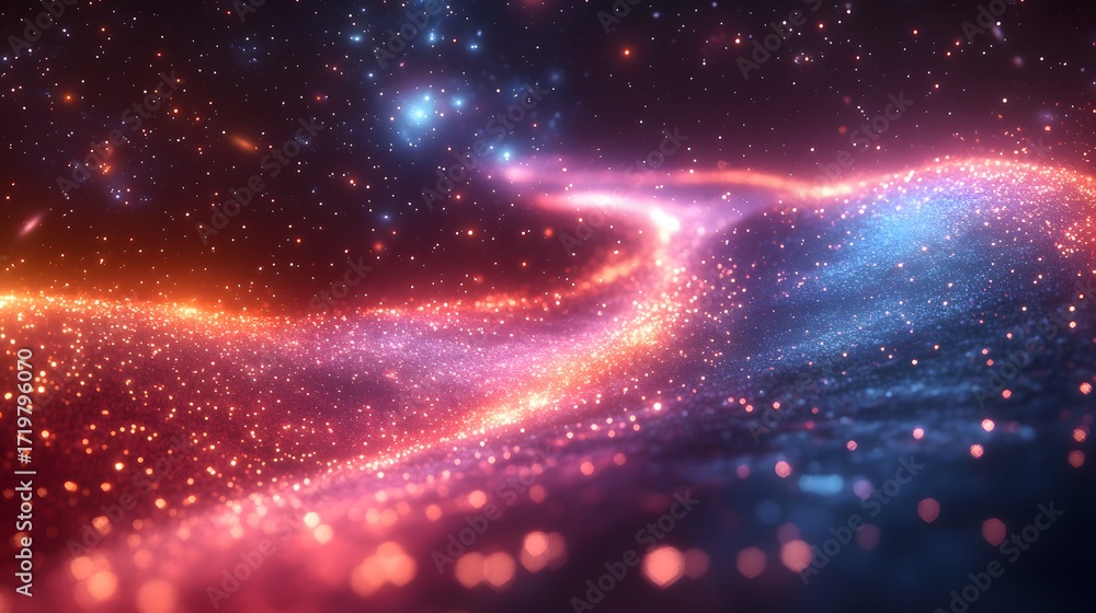 Poster abstract cosmic flow with shimmering particles and vibrant colors, creating a sense of vast energy a