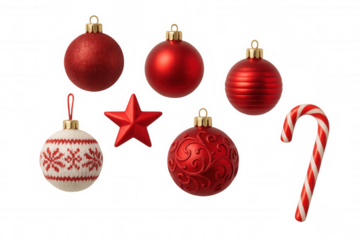 Red and white christmas ornaments and candy cane on transparent background, holiday celebration concept