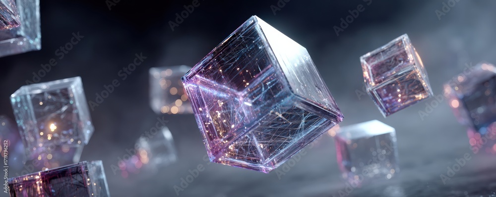 Poster translucent geometric cubes with vibrant lights floating in an ethereal space
