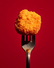 Close-up of a crispy golden nugget on a fork with red background, perfect for fast food, restaurant menus, snack advertising, and junk food concepts.
