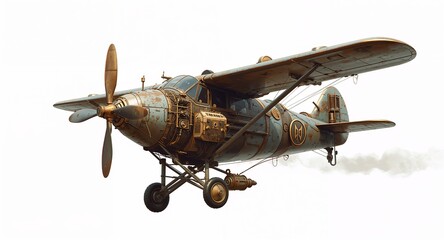 A steampunk fantasy balloon airplane hybrid with propellers brass wings and floating steam pipes on plain white background