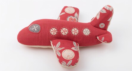 A toy plush airplane made of soft fabric with stitched wings and button windows on plain white background