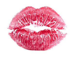 Vibrant red lipstick kiss mark on a clean white background, showcasing beauty and expression in a striking design.