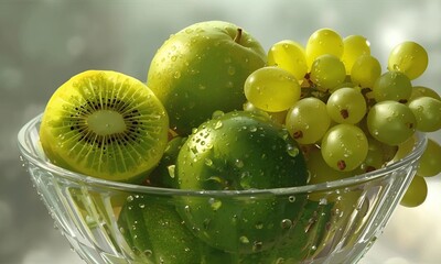 Green Fruits in Glass Bowl with Water Droplets