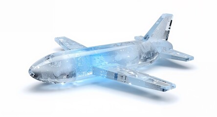 A transparent crystal airplane shaped like ice with frozen textures and glowing blue accents on plain white background