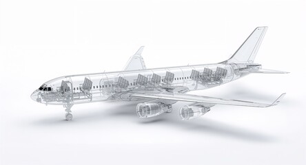A transparent glass airplane with clear structure visible seats and minimalistic futuristic design on plain white background