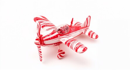 A whimsical candy airplane with lollipop propellers candy cane wings and gumdrop windows on plain white background