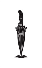 Black and White Illustration of a Closed Umbrella with a Knife Handle