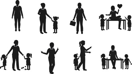 Adult and child silhouettes, parenting moment, educational gesture, caregiving scene, seated interaction, briefcase pose, minimal style, bonding, guidance, posture