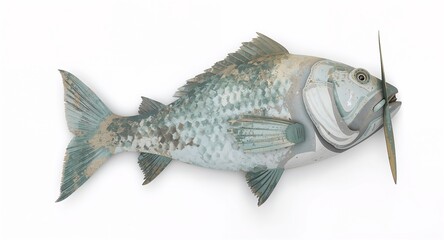 A whimsical fantasy airplane shaped like a fish with fins as wings on plain white background