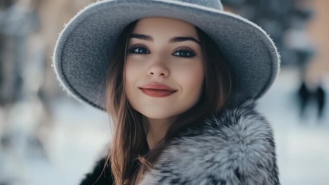 A young woman smiles while wearing a stylish hat and fur coat against a snowy backdrop during winter