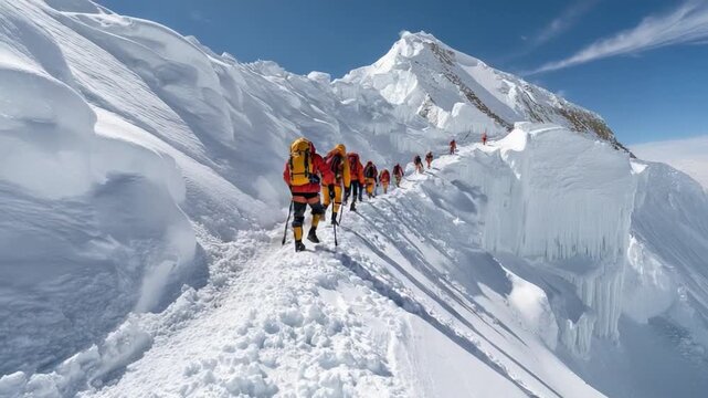 Conquering the Summit: A team of intrepid mountaineers meticulously traverse a snow-covered mountain ridge, with the majestic peak in the background.
