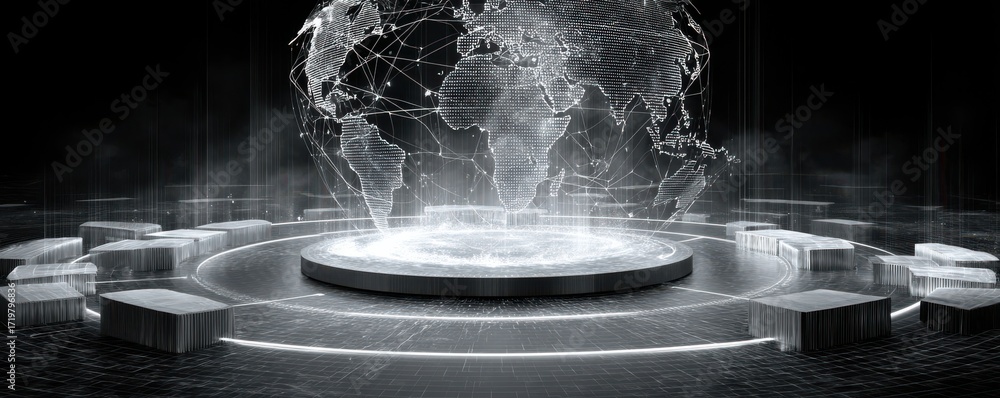 Poster futuristic illuminated digital globe with connected continents displaying network nodes