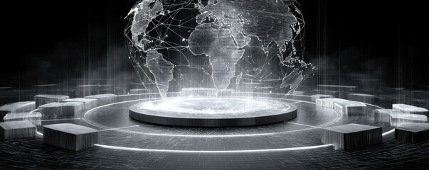 Futuristic illuminated digital globe with connected continents displaying network nodes