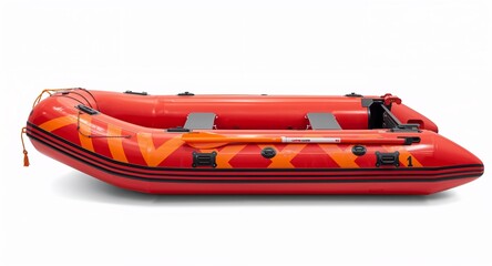 Inflatable rescue boat with bright red safety stripes oars and rope attached on plain white background