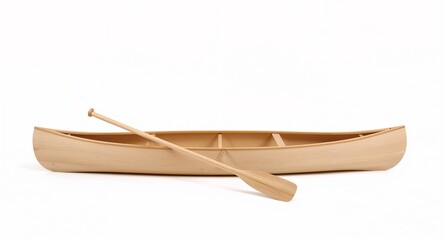 Minimalist canoe design with smooth wooden frame and lightweight paddle resting beside on plain white background