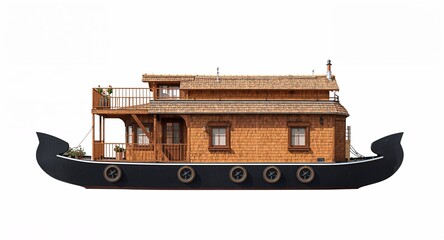 Houseboat with balcony small rooftop deck and windows decorated cozily on plain white background