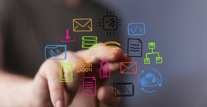 Hand interacting with digital icons,network, data, connection, technology, communication, internet, cloud, security, innovation.