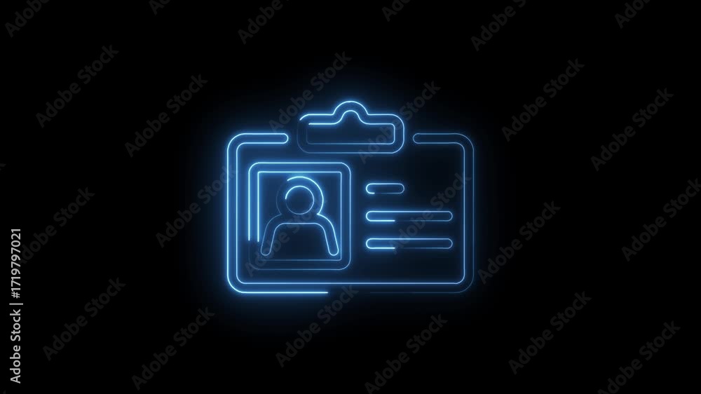 Poster glowing blue neon identity card badge animation on a black background for security concepts