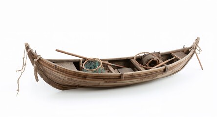 Small wooden fishing boat with nets paddles and storage baskets resting quietly on plain white background