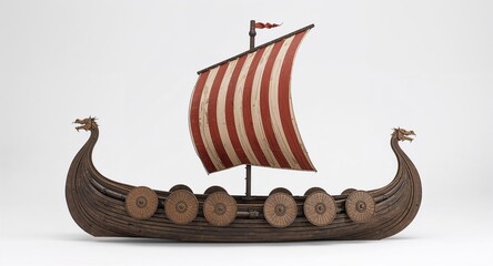 Viking longship with dragon head prow shields along sides and tall sail on plain white background