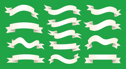Collection of various white ribbon banners with different shapes and designs on a green background.