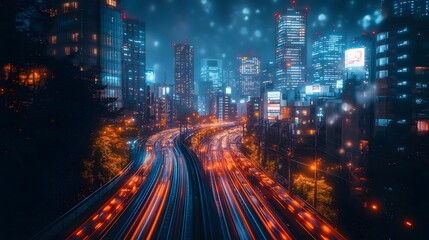 Fototapeta premium Night cityscape featuring a bright highway with streaking lights and towering buildings. The urban scene is dynamic with warm and cool lighting, creating a futuristic feel. Abstract Background Trend