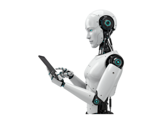 Humanoid robot with advanced technology interacting with a digital tablet device isolated on transparent background