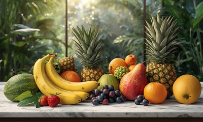 Tropical Fruits with Sunlight on Marble Table