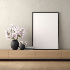 A neutral, contemporary living room scene showcases a blank frame and simple decor.