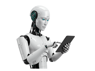 Futuristic humanoid robot with advanced technology interacting with a digital tablet on a transparent background isolated on transparent background