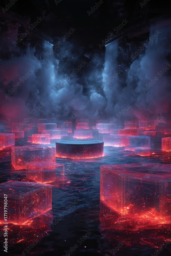 Poster futuristic glowing wireframe cubes floating in a misty, ethereal environment