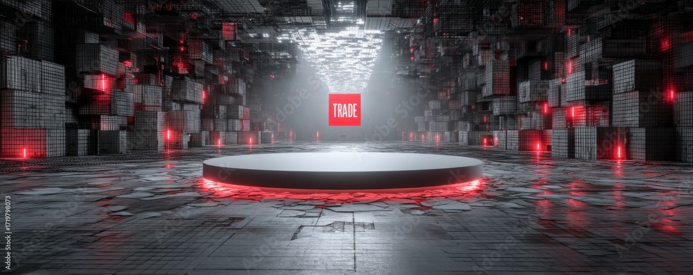 Poster futuristic platform in a digital warehouse with illuminated red light graphics
