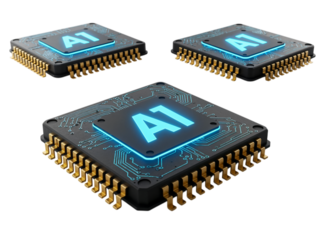 Three futuristic ai computer processors with glowing blue circuits and golden pins isolated on transparent background