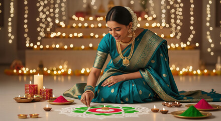 young indian woman making flower rangoli on diwali festival