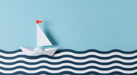 Origami Paper Boat Sailing on Blue Paper Waves