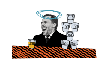 Creative collage picture businessman drink alcohol beer whiskey glasses empty cheers party pub bar celebrate weekend drunk