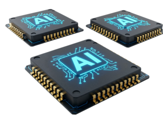 Three futuristic ai computer processors with glowing blue circuit board patterns and ai lettering isolated on transparent background