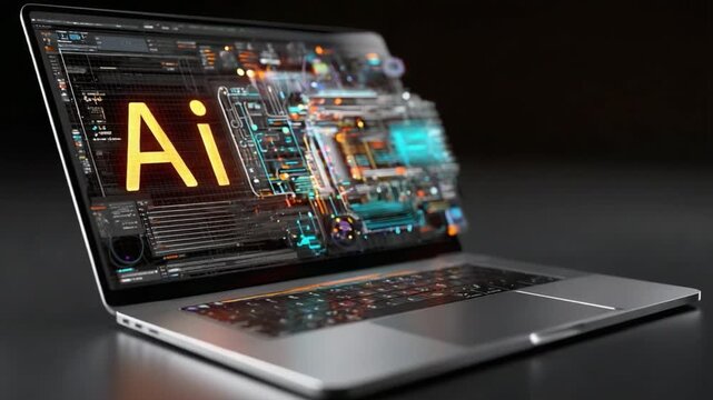 AI Visualization on Laptop: A futuristic view of artificial intelligence, with intricate circuits and the vibrant AI logo displayed on a laptop screen, set against a sleek, blurred backdrop.